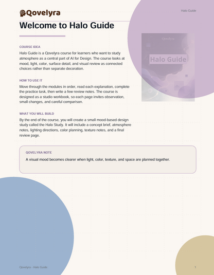A digital welcome guide page titled 'Welcome to Halo Guide' from Qoqelyra, featuring course information, a purple circular graphic, and a small preview of a Halo Guide book cover.