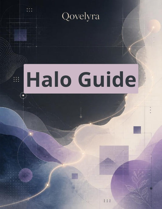 A digital cover for a guide titled 'Halo Guide' by the brand 'Qovelyra'. The design features an abstract, fluid art background with dark navy, lavender, and soft purple waves, overlaid with geometric shapes and glowing light lines.