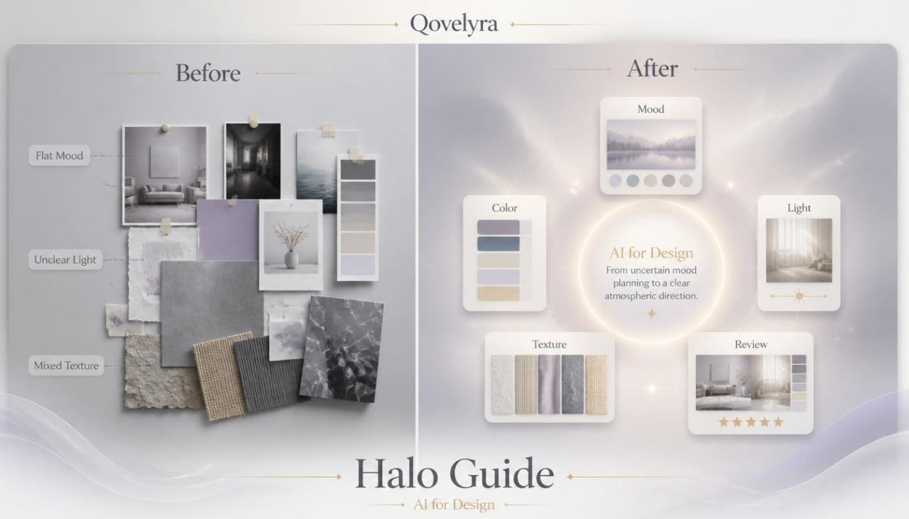 A digital guide titled 'Halo Guide' with the brand name 'Qoelyra' at the top, showing a split 'Before' and 'After' design mood board comparison in soft neutral tones.