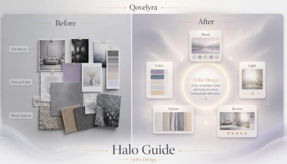 A digital guide titled 'Halo Guide' with the brand name 'Qoelyra' at the top, showing a split 'Before' and 'After' design mood board comparison in soft neutral tones.