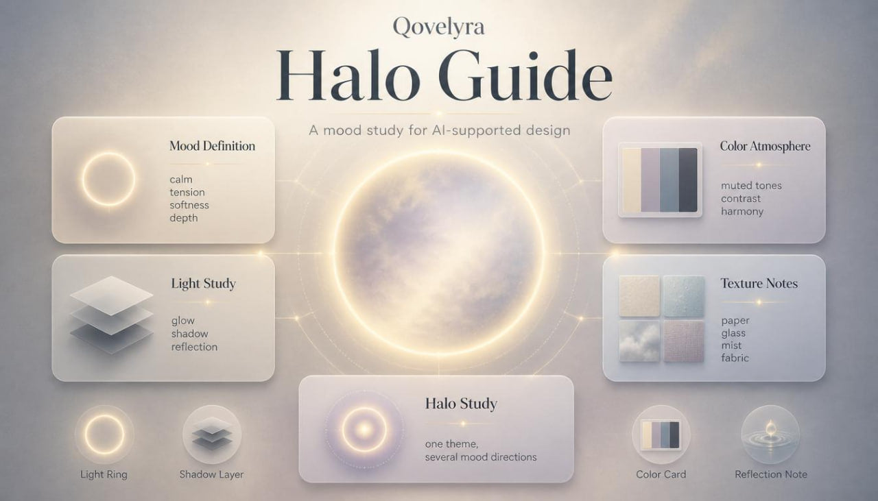 A digital graphic titled 'Qovelyra Halo Guide' showing a central glowing halo surrounded by labeled panels for mood definition, color atmosphere, light study, texture notes, halo study, and reflection notes on a soft cloudy background.