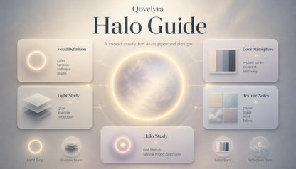 A digital graphic titled 'Qovelyra Halo Guide' showing a central glowing halo surrounded by labeled panels for mood definition, color atmosphere, light study, texture notes, halo study, and reflection notes on a soft cloudy background.