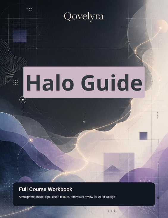 A book/workbook cover titled 'Halo Guide' by Qovelyra, with abstract dark navy, lavender, and cream flowing shapes and geometric line art. The bottom panel reads 'Full Course Workbook' and 'Atmosphere, mood, light, color, texture, and visual review for AI for Design.