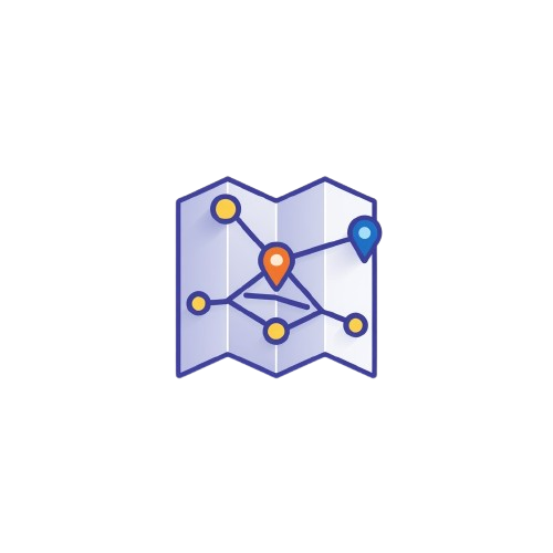 A stylized folded map icon with blue outlines, yellow and orange location pins, and a blue pin on the right side, centered on a plain white background.