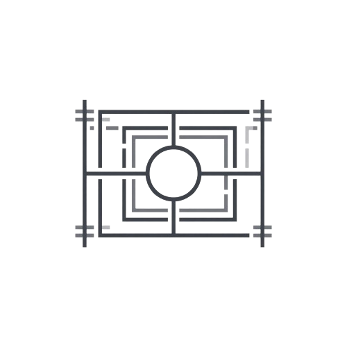 A minimalist black and gray line icon representing a square frame or grid with a central circle, isolated on a white background.