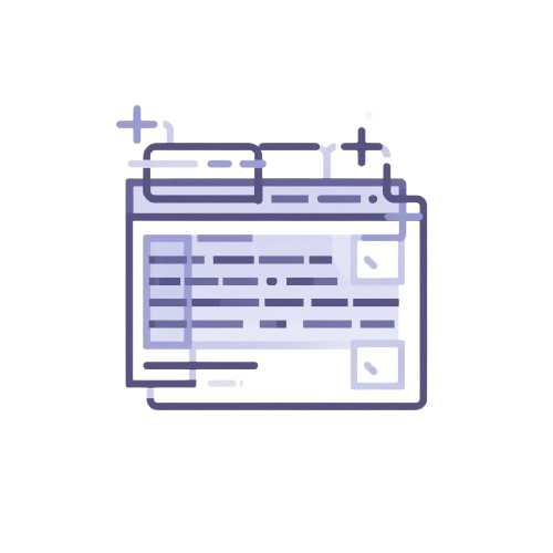 A minimalist line icon of a clipboard or document with plus signs, rendered in light purple and dark purple on a solid white background.