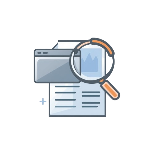 A flat vector icon depicting a computer window, a document with text lines, and a magnifying glass over it, rendered in shades of gray, light blue, and orange on a white background.