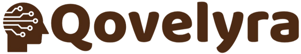 The logo for Qovelyra, featuring a stylized brown head silhouette with circuit board details on the left and the brand name 'Qovelyra' in brown lowercase letters on a white background.