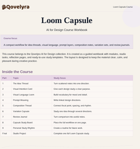 A digital preview page for a Qovelyra Loom Capsule AI for Design Course Workbook, displaying a course outline table with columns for Part, Topic, and Study focus on a light beige background.