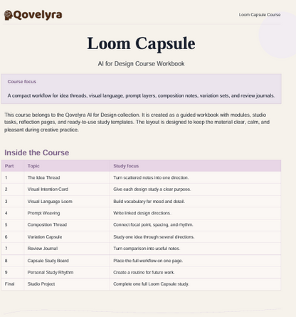 A digital preview page for a Qovelyra Loom Capsule AI for Design Course Workbook, displaying a course outline table with columns for Part, Topic, and Study focus on a light beige background.