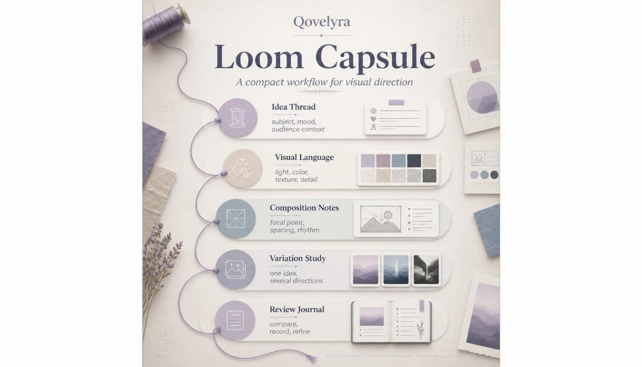 A flat-lay presentation of the QoveLYra Loom Capsule digital planner template, featuring a central vertical flowchart with labeled sections for Idea Thread, Visual Language, Composition Notes, Variation Study, and Review Journal, surrounded by pastel-colored paper clips, sticky notes, and swatches on a light beige background.