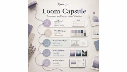 A flat-lay presentation of the QoveLYra Loom Capsule digital planner template, featuring a central vertical flowchart with labeled sections for Idea Thread, Visual Language, Composition Notes, Variation Study, and Review Journal, surrounded by pastel-colored paper clips, sticky notes, and swatches on a light beige background.