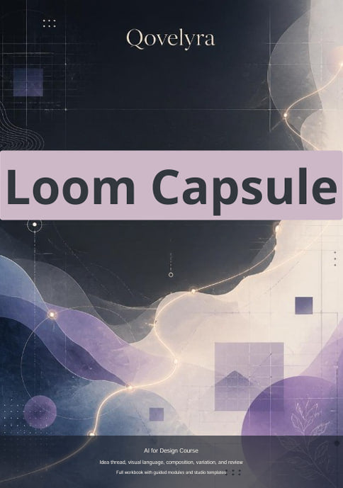 Digital cover for 'Loom Capsule' by Qovelyra, featuring an abstract design with flowing purple and lavender waves, geometric shapes, and glowing light lines over a dark navy and cream background.