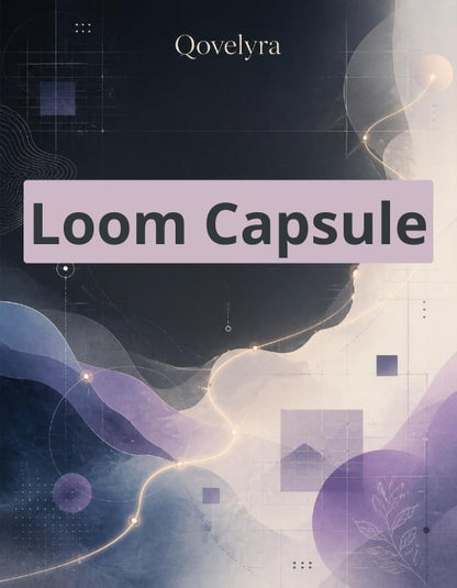 A square graphic cover for 'Loom Capsule' by Qovelyra, featuring a dark navy and lavender abstract design with flowing wave shapes, geometric squares, and glowing light lines.