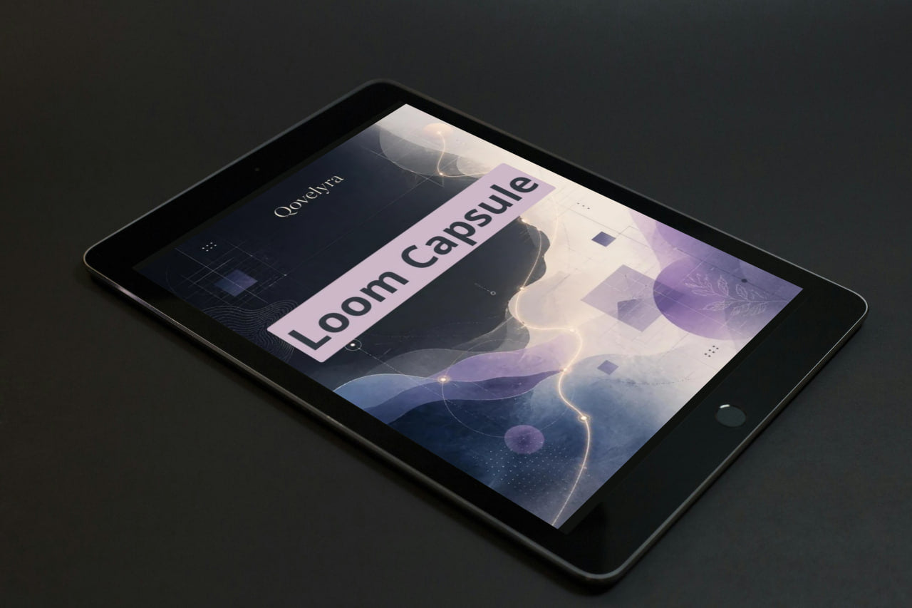 A black tablet device shown at an angle on a dark surface, with the screen on and displaying the text 'Orodya Loom Capsule' over an abstract purple and blue graphic.