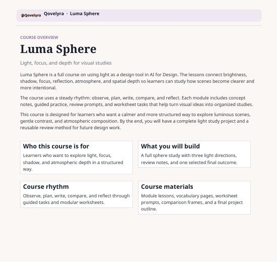 A digital course overview page for 'Luma Sphere' featuring course details, learning objectives, course materials, and course rhythm in a clean, minimalist layout with a light gray background.