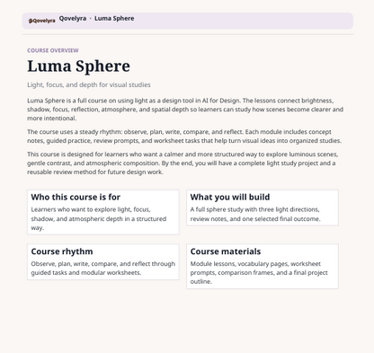 A digital course overview page for 'Luma Sphere' featuring course details, learning objectives, course materials, and course rhythm in a clean, minimalist layout with a light gray background.