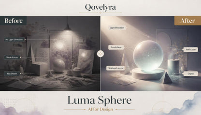 A promotional graphic for a design asset called 'Luma Sphere' by the brand 'Qovelyra'. The image features a side-by-side comparison labeled 'Before' and 'After', showing a dark, moody room scene on the left and a glowing, polished version with a luminous crystal ball on the right.