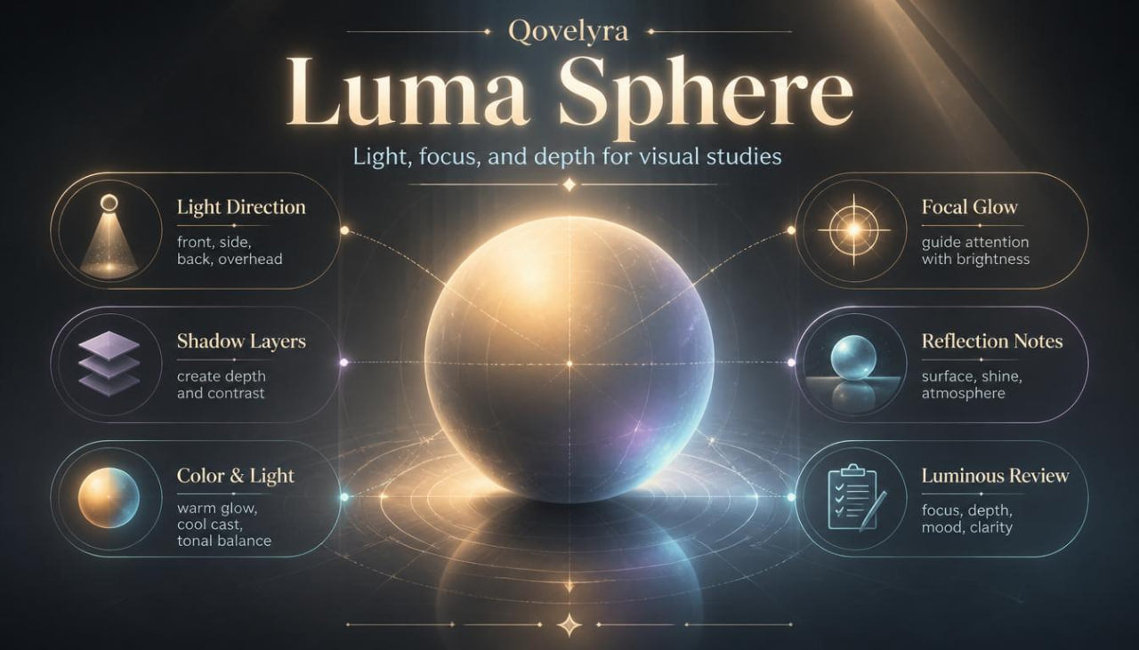 A digital infographic titled 'Qoelyra Luma Sphere' showing a glowing translucent sphere in the center with labeled callouts around it for light direction, focus glow, reflection notes, color and light, shadow layers, and luminous review, on a dark abstract background.