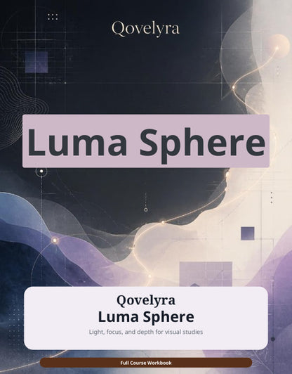 A book cover for 'Luma Sphere' by Qovelyra, featuring a dark abstract background with purple and cream flowing shapes, geometric lines, and text panels.