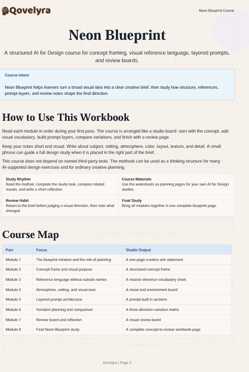 A digital preview page of the 'Neon Blueprint' course workbook by Qowellry, featuring a structured outline, course description, usage instructions, and a course map table.