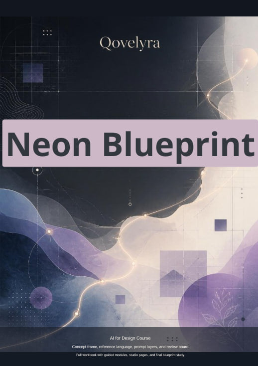 A book or course cover titled 'Neon Blueprint' by Qovelyra, featuring abstract neon blue, purple, and white wave-like graphics on a dark background.