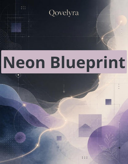 A digital cover design with the title 'Neon Blueprint' in large dark gray text on a lavender banner, with the name 'Qovelyra' at the top. The background features an abstract, fluid graphic pattern in shades of purple, blue, and cream with glowing light lines and geometric shapes.