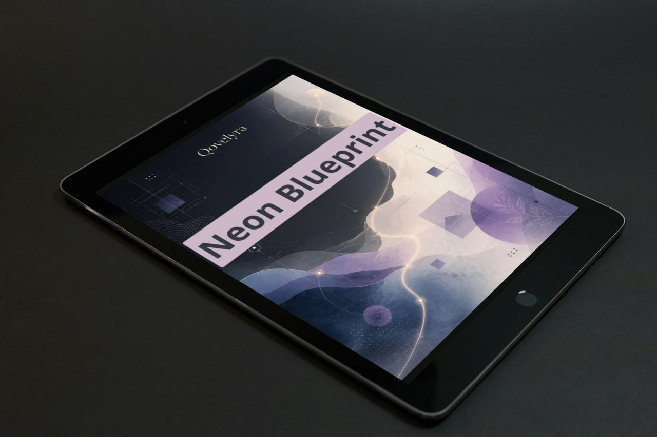 A black tablet device shown at an angle on a dark surface, with its screen on displaying the word 'Oryxtra' and a purple-toned abstract graphic with the text 'Neon Blueprint'.