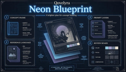 A dark blue infographic titled 'Qovelyra Neon Blueprint' with multiple labeled panels including Concept Frame, Reference Language, Prompt Layers, and Review Board, plus a central stylized blueprint device illustration.