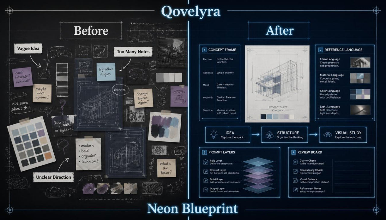A digital graphic titled 'QoveLYra' comparing a messy, chaotic sketchpad layout labeled 'Before' with a highly organized, professional architectural concept board labeled 'After'. The 'After' side features a clean, dark blue layout with structured sections for concept frame, reference language, prompt layers, and review board, complete with a simple line drawing of a modern building.