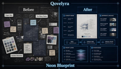 A digital graphic titled 'QoveLYra' comparing a messy, chaotic sketchpad layout labeled 'Before' with a highly organized, professional architectural concept board labeled 'After'. The 'After' side features a clean, dark blue layout with structured sections for concept frame, reference language, prompt layers, and review board, complete with a simple line drawing of a modern building.
